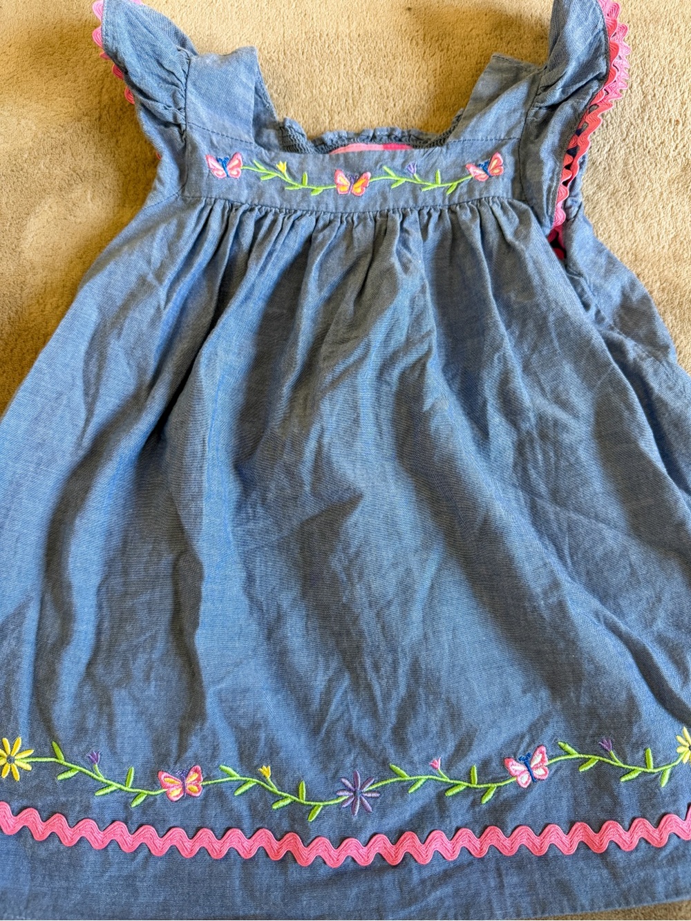 Goodlad Blue Chambray Girls Dress with Butterfly Embroidery